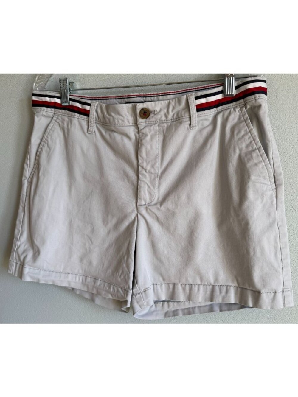 Tommy Hilfiger Womens Light Gray Chino Shorts With Red &amp; Navy Classic Stripe